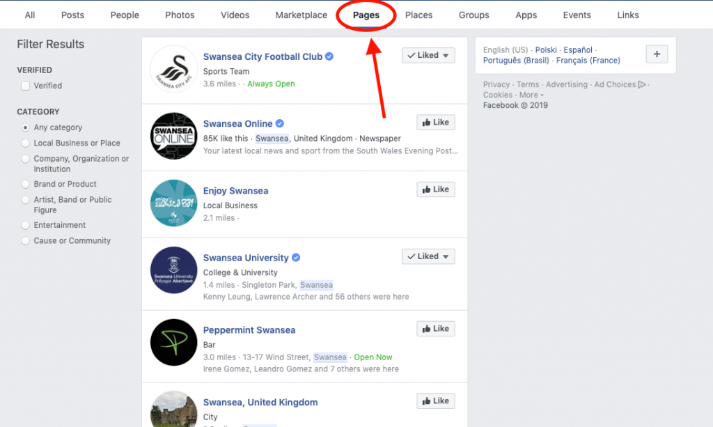Facebook filtering by Page